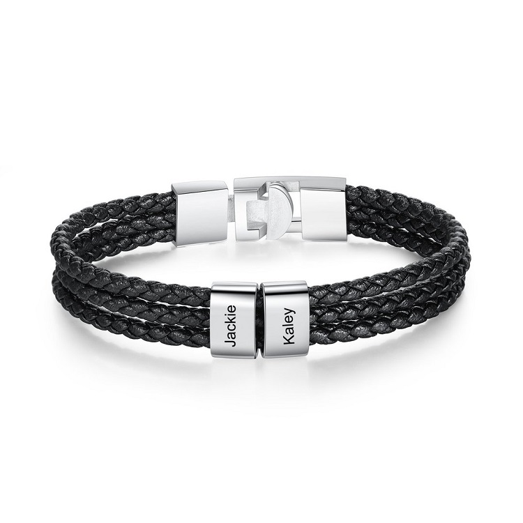 Father's Day Gift Men's Braided Leather Bracelet With 8 Name Engraved Beads