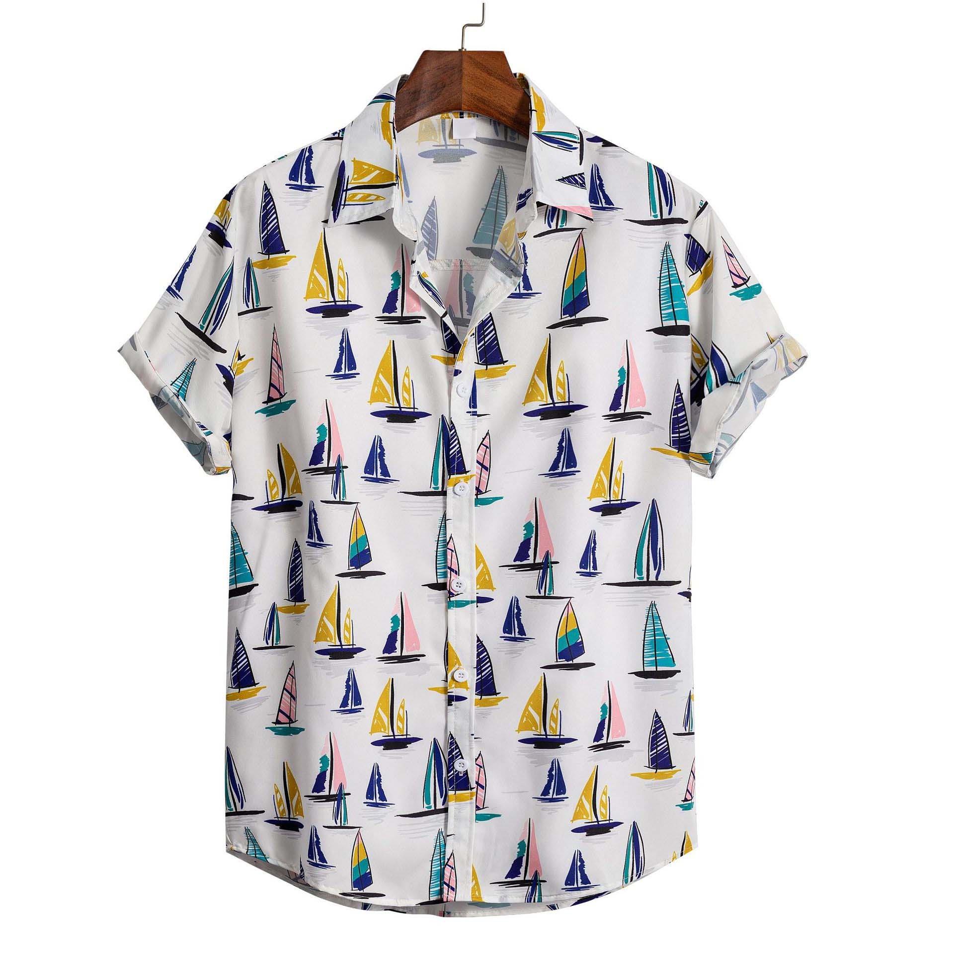 男士沙灘風卡通帆船塗鴉短袖襯衫