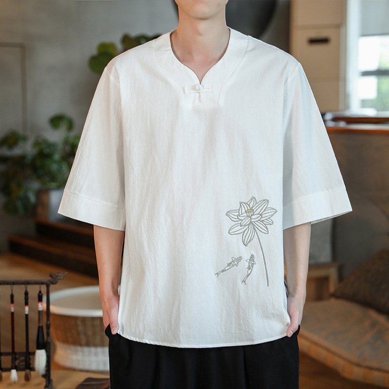 中國風純色荷花刺繡棉麻襯衫