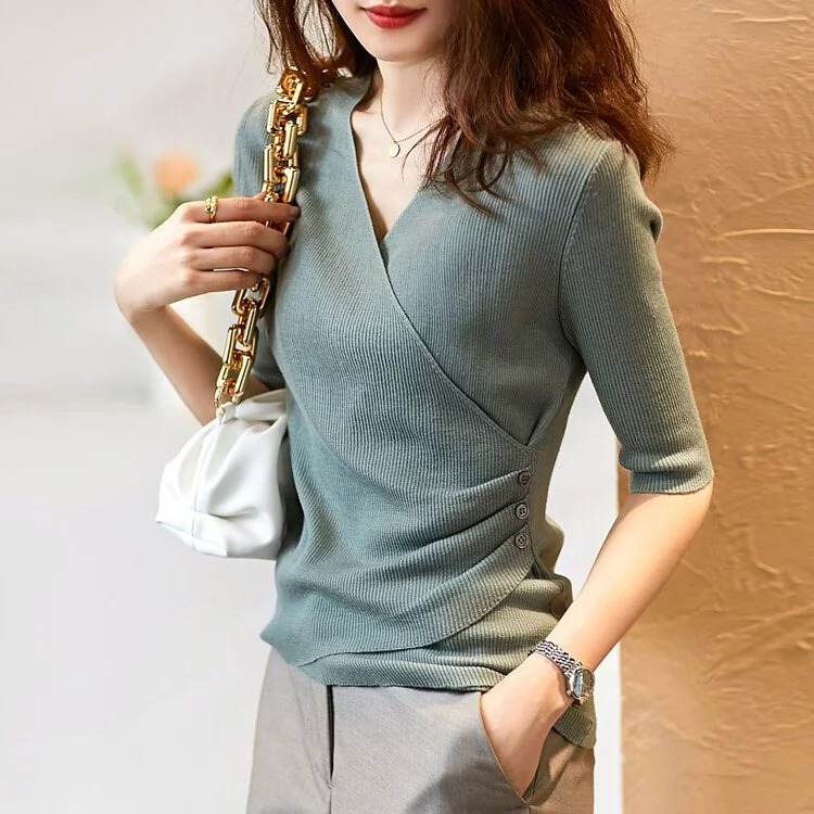 五分袖顯瘦素色V領圍裹式針織衫-Intstyles