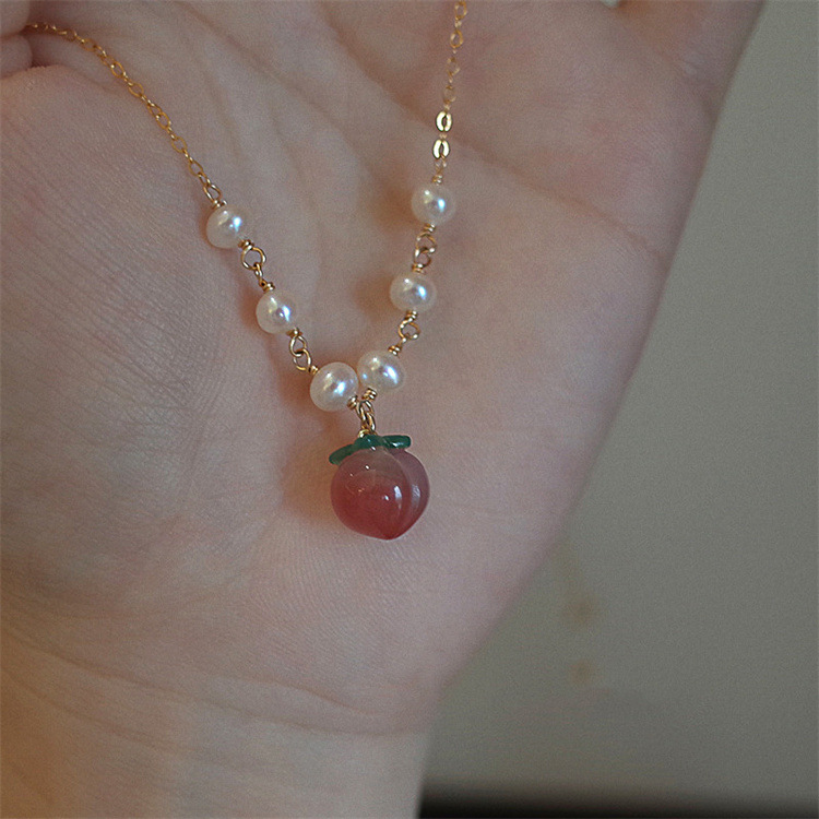 天然南紅水蜜桃淡水珍珠鎖骨鏈/手鏈