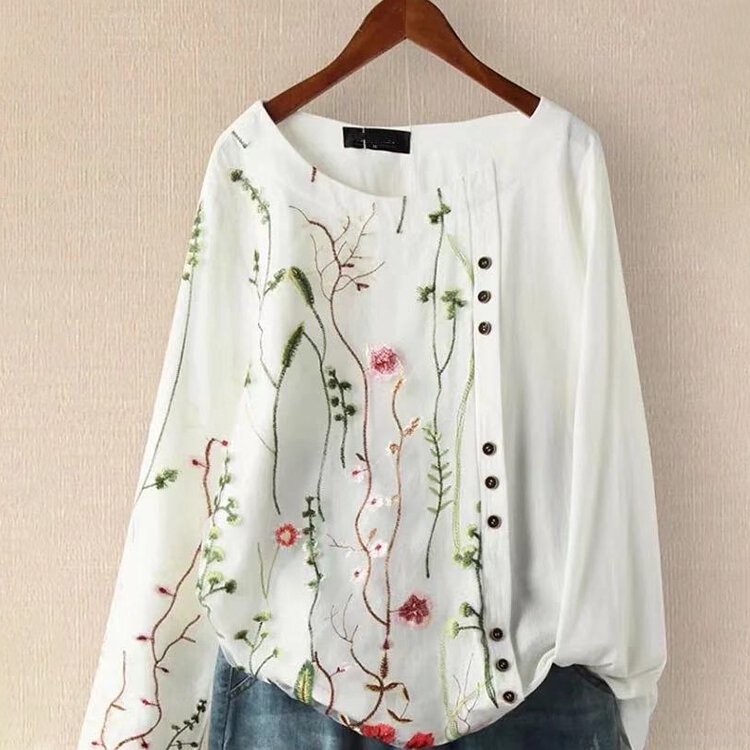 日系圓領刺繡棉麻休閒上衣