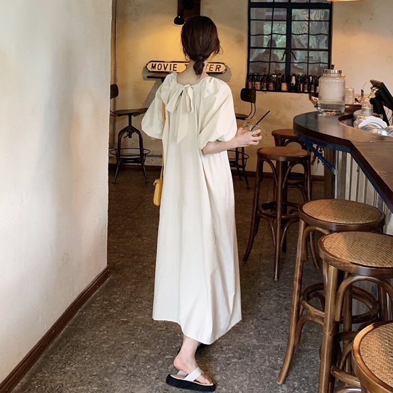 韓版初戀復古後背蝴蝶結泡泡袖連身裙