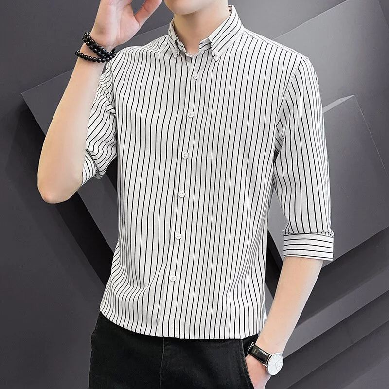 韓系大碼男士修身七分袖條紋襯衫