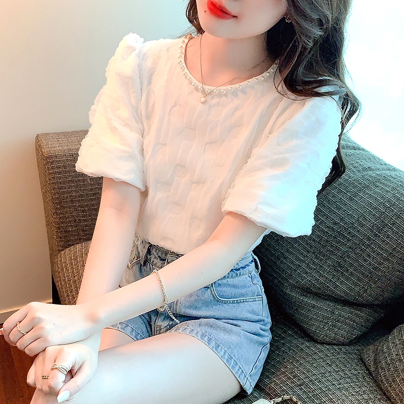 夏裝白色泡泡袖蕾絲T卹-Intstyles