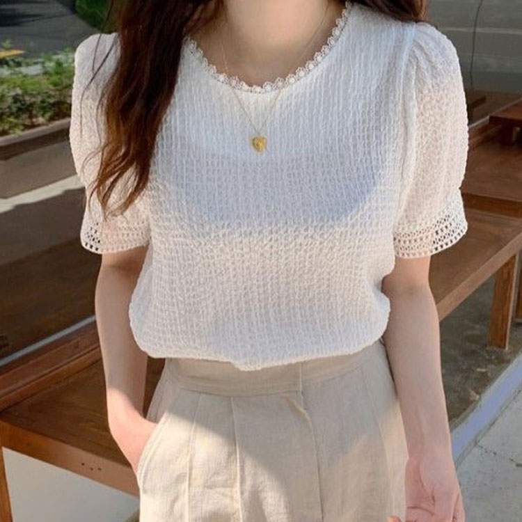 蕾絲拼接韓版鏤空褶皺感泡泡袖T恤
