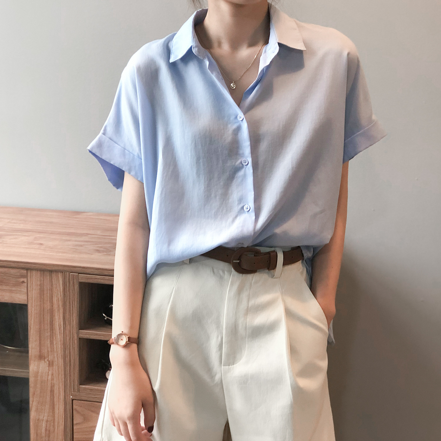 韩版纯色亚麻翻领短袖衬衫
