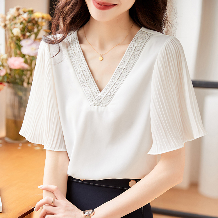 夏季優雅百褶袖韓系T恤