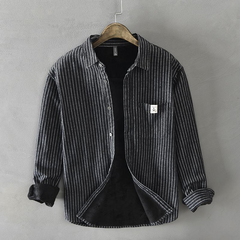 Vintage Brushed Fleece Long Sleeve Striped Shirt Jacket