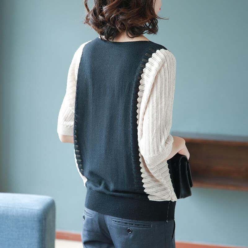百搭寬鬆V領鏤空拼接撞色針織衫