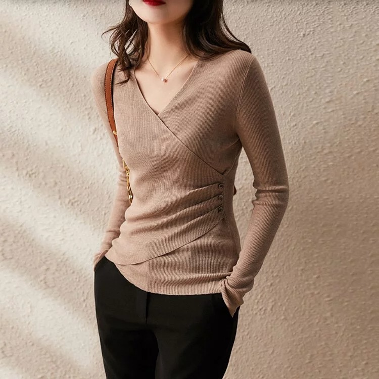 五分袖顯瘦素色V領圍裹式針織衫