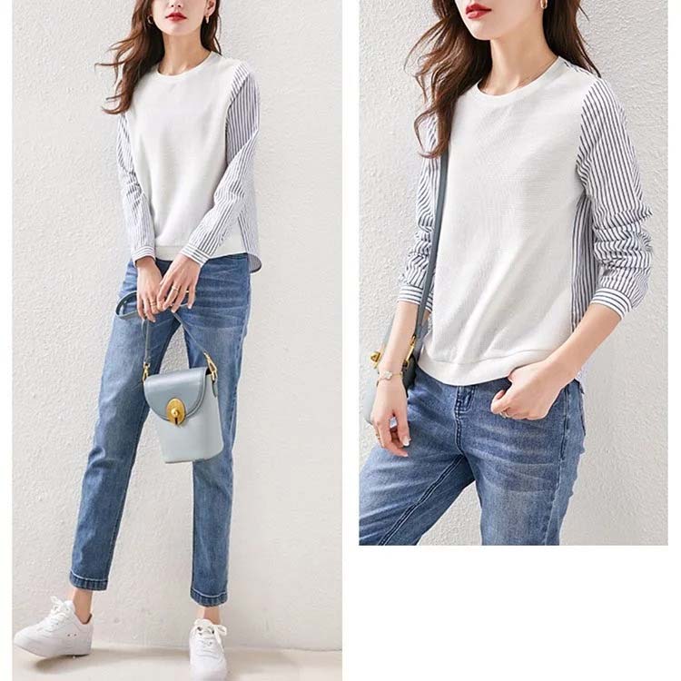 拼接色圓領簡單長袖襯衫