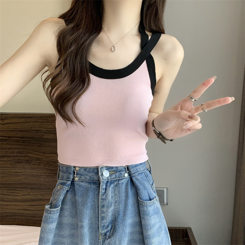 設計感拼色交叉掛脖內搭吊帶背心