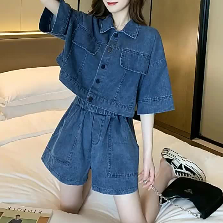 夏季炸街洋氣牛仔外套+短褲兩件套