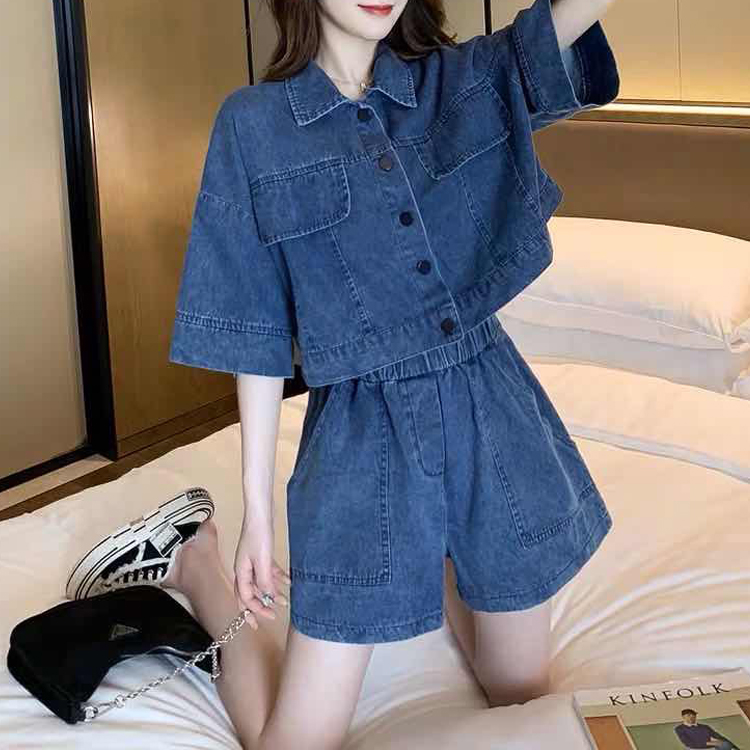 夏季炸街洋氣牛仔外套+短褲兩件套