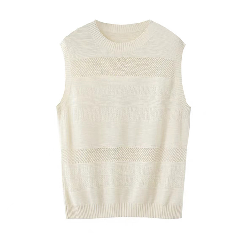 條紋提花肌理鏤空寬鬆圓領針織打底背心