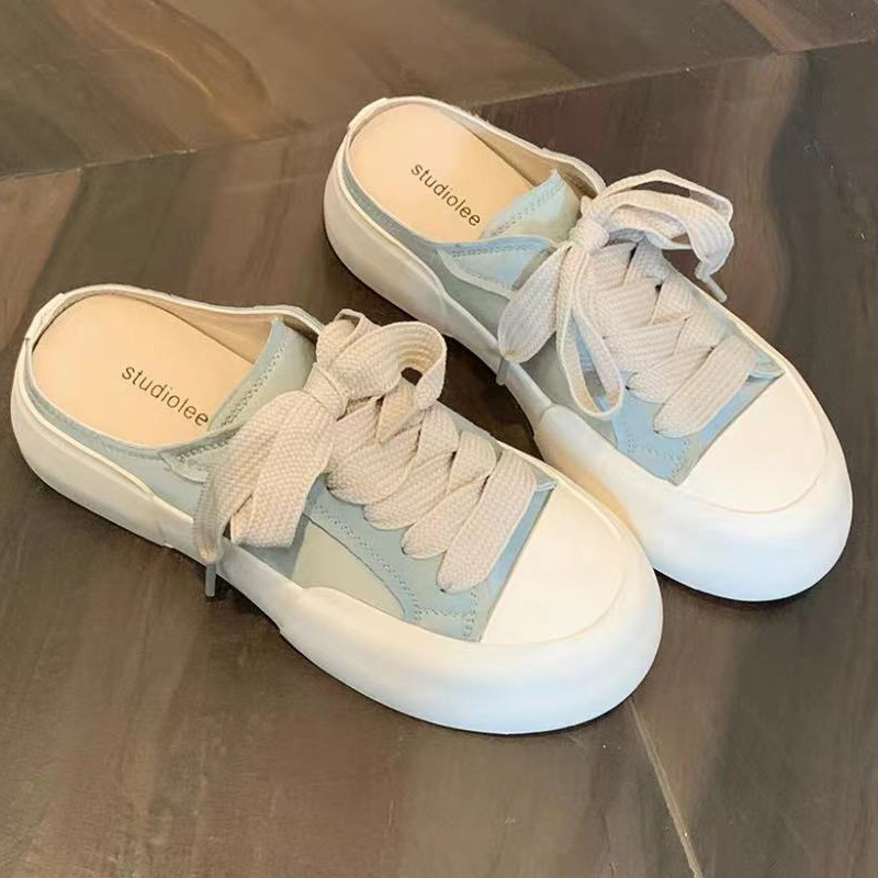 清新圓頭緞面粗繫帶厚底小白鞋