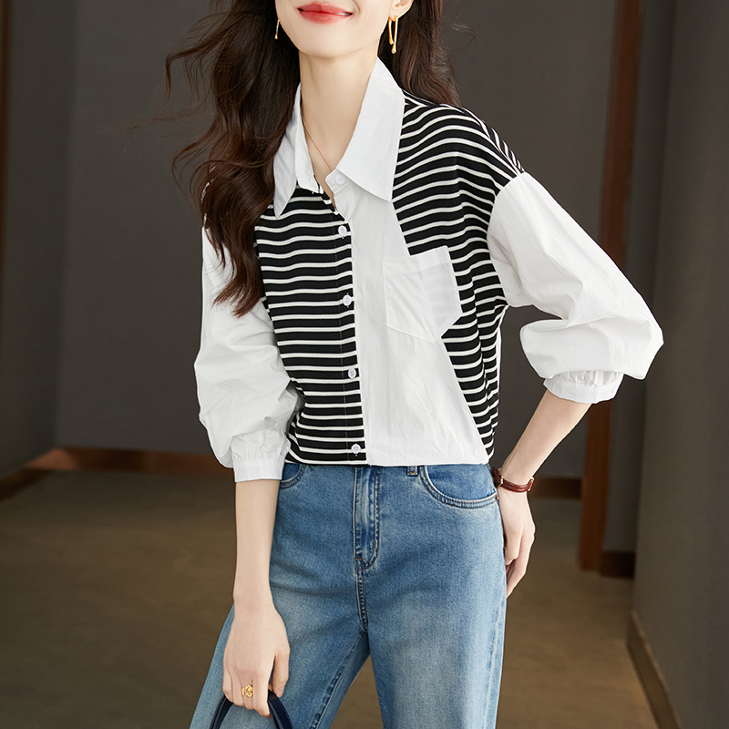 不對稱黑白條撞色長袖襯衣