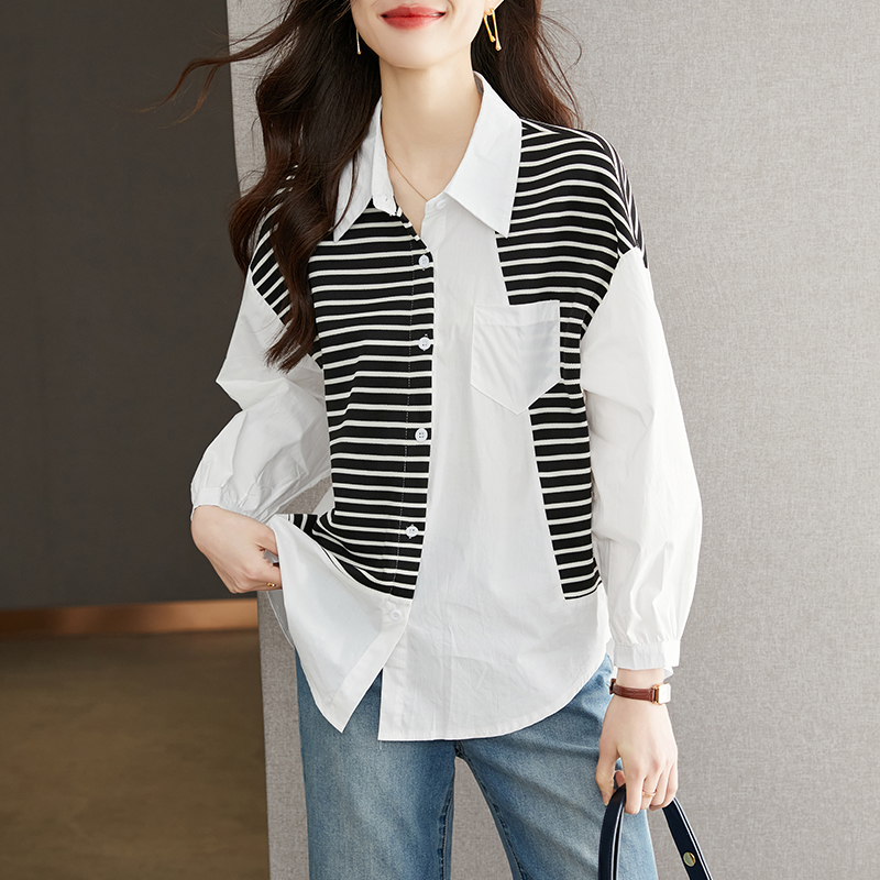 不對稱黑白條撞色長袖襯衣