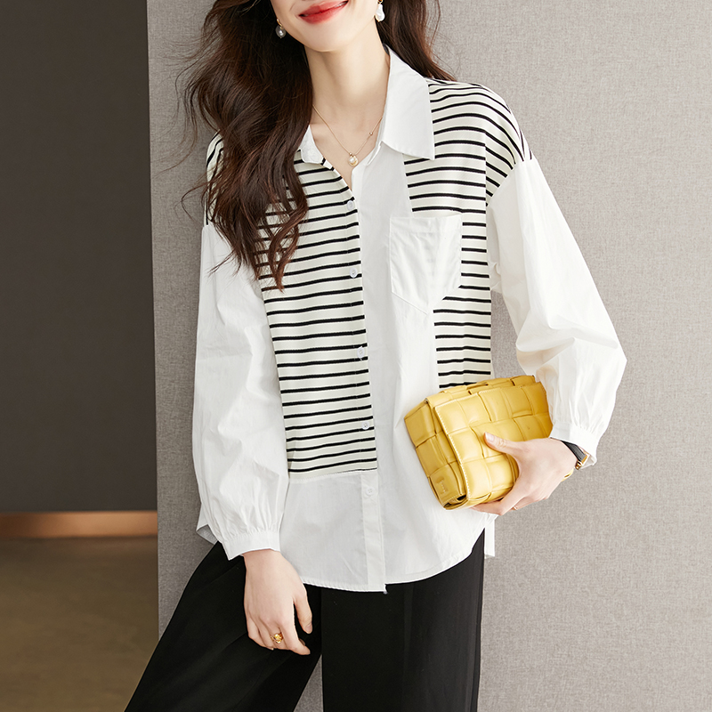 不對稱黑白條撞色長袖襯衣