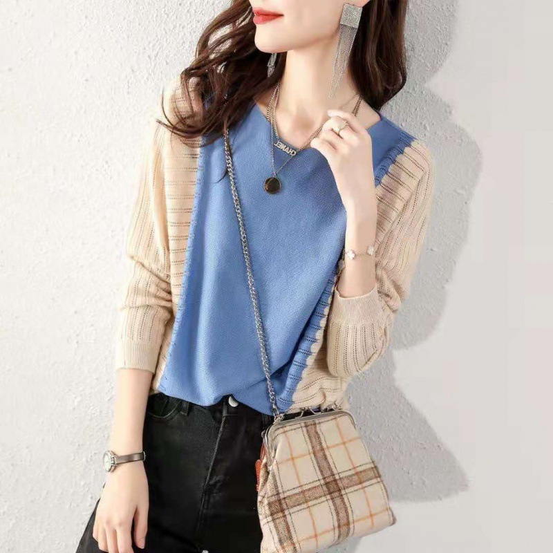 百搭寬鬆V領鏤空拼接撞色針織衫