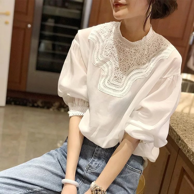 燈籠袖白色蕾絲襯衫上衣