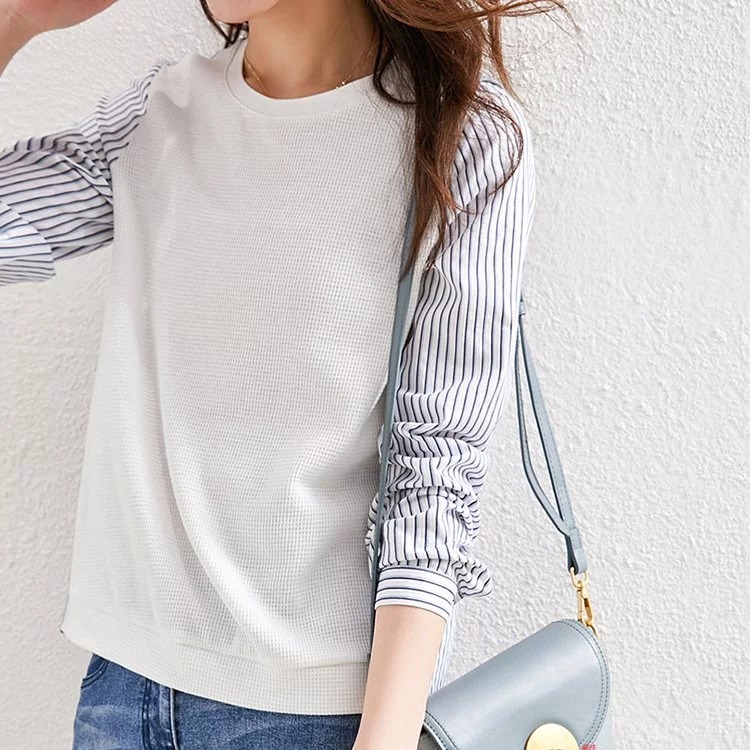 拼接色圓領簡單長袖襯衫