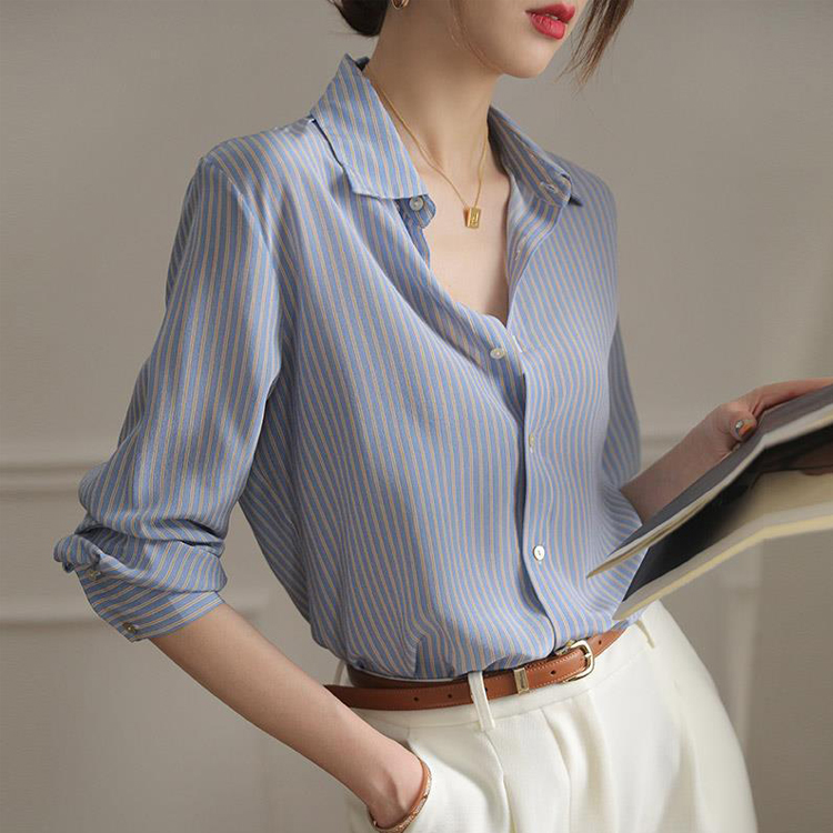 藍色條紋桑蠶絲氣質通勤襯衫