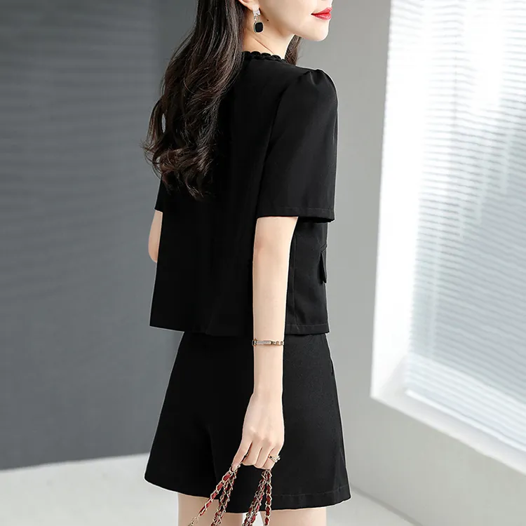 精緻花邊圓領短袖外套+闊腿短褲套裝