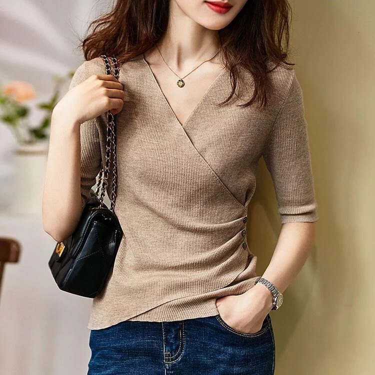 五分袖顯瘦素色V領圍裹式針織衫