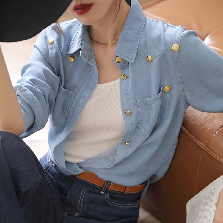 天絲牛仔休閒時髦紐扣襯衫