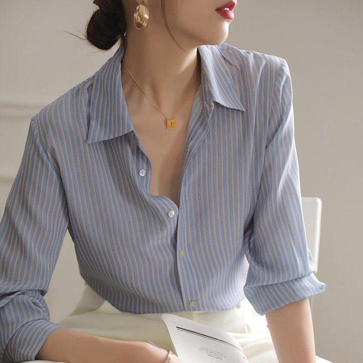 藍色條紋桑蠶絲氣質通勤襯衫