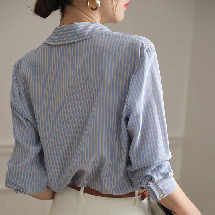 藍色條紋桑蠶絲氣質通勤襯衫