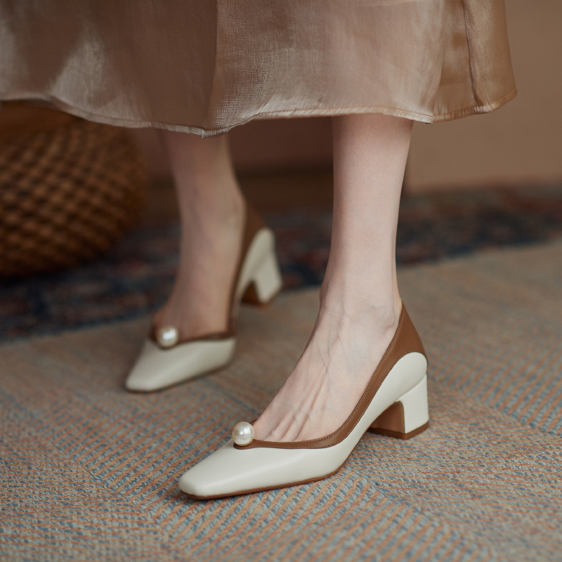 法式複古拼色珍珠粗跟單鞋