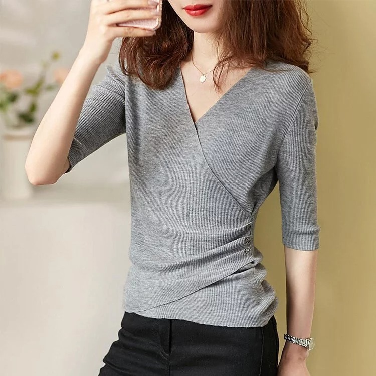 五分袖顯瘦素色V領圍裹式針織衫