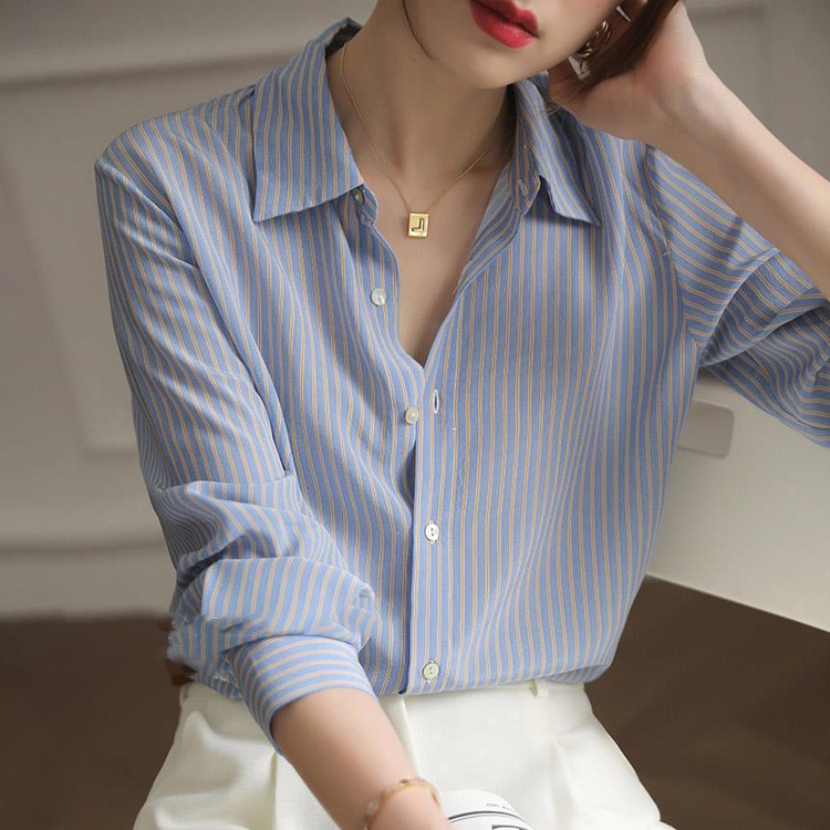 藍色條紋桑蠶絲氣質通勤襯衫