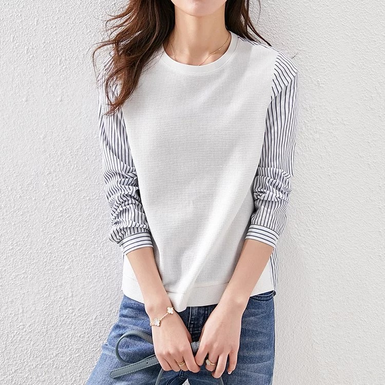 拼接色圓領簡單長袖襯衫