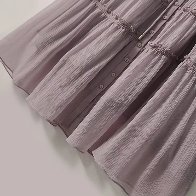 淡雅煙熏紫桑蠶絲抽褶繫帶連身裙