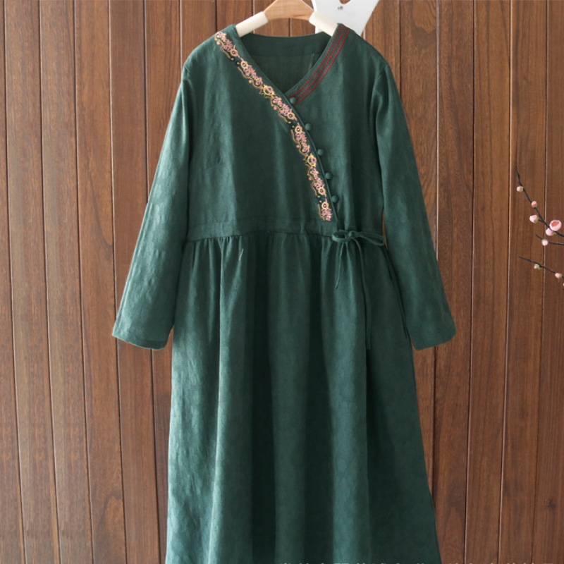 文藝復古刺繡棉麻氣質寬鬆大碼長裙