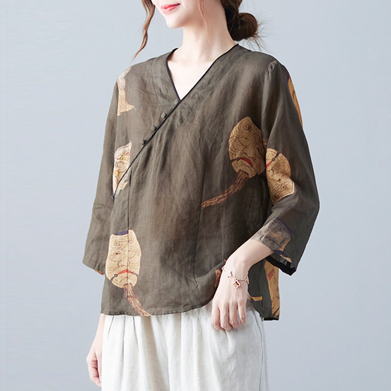 中式復古印花苧麻襯衫斜襟盤扣棉麻上衣
