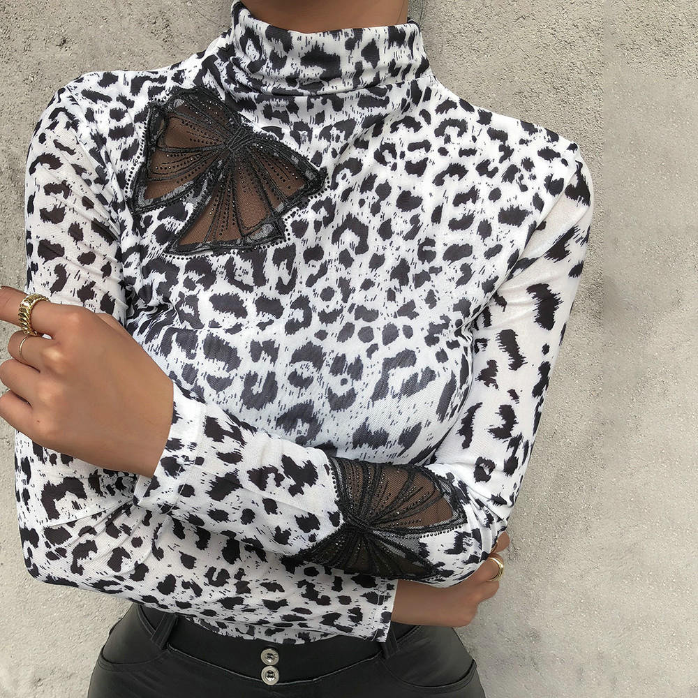 Women Blouses Fashion Leopard Print Turtleneck Blouse Spring Long Sleeve Shirts Party Ladies Clothes Female Blouses And Tops D30