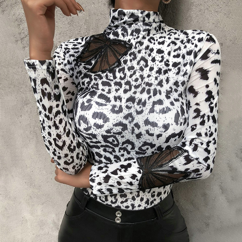 Women Blouses Fashion Leopard Print Turtleneck Blouse Spring Long Sleeve Shirts Party Ladies Clothes Female Blouses And Tops D30