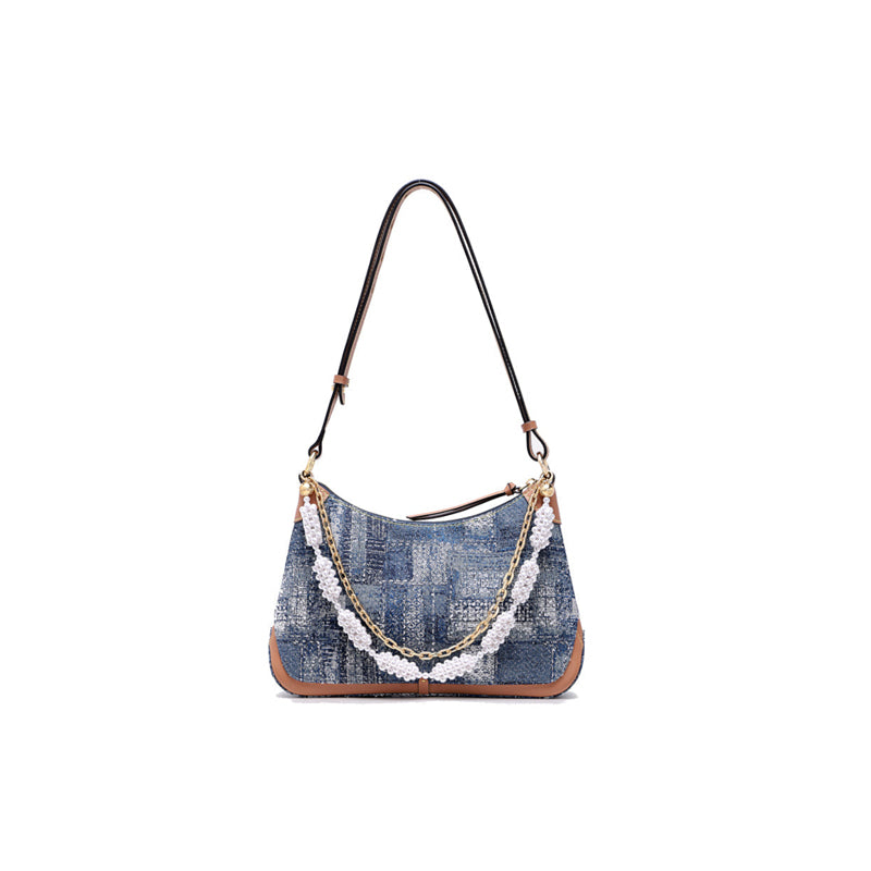 FION Jin Oil Painting Jacquard Women Denim Shoulder Bag On Strap with Dual Beads Chain