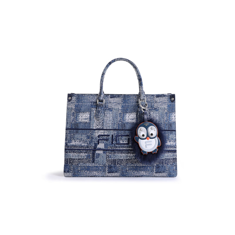 FION Jin Oil Painting Jacquard Denim Tote Bag With Penguin Charm