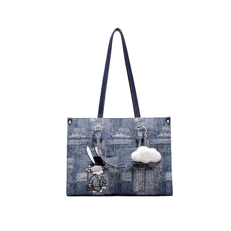 Oil Painting Jacquard with Leather Tote Bag | Rabbit Pattern