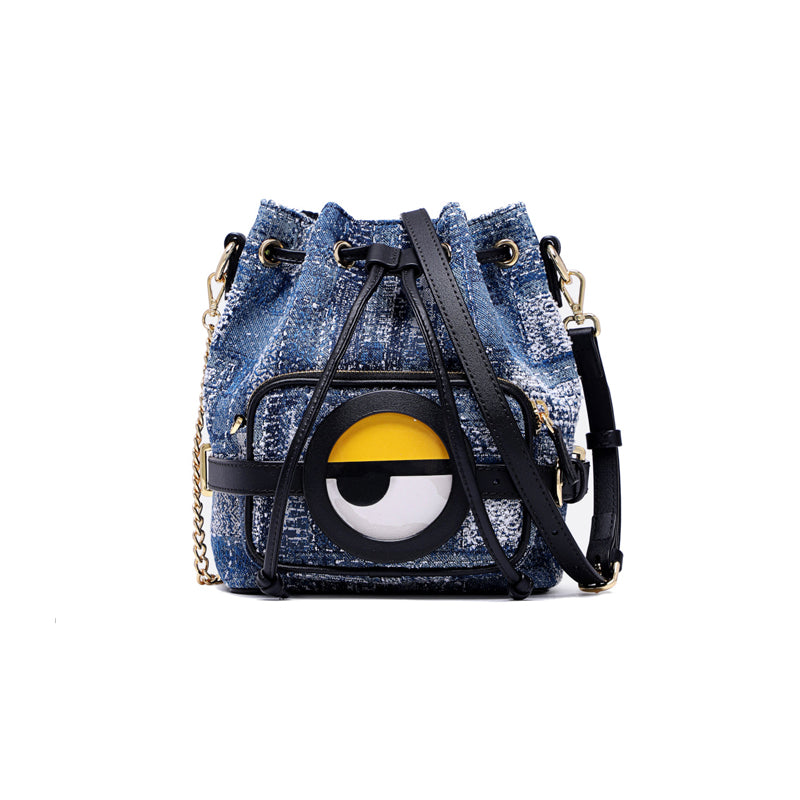 Minions Drawstring Denim-and-Canvas Bucket Shoulder Bag (Navy)