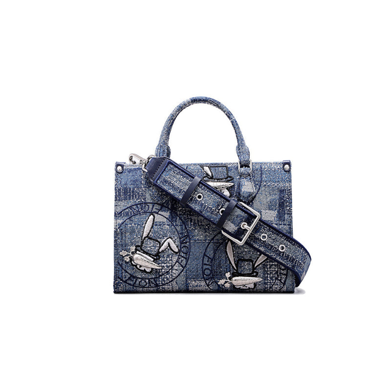 Oil Painting Jacquard with Leather Tote Bag | Rabbit	