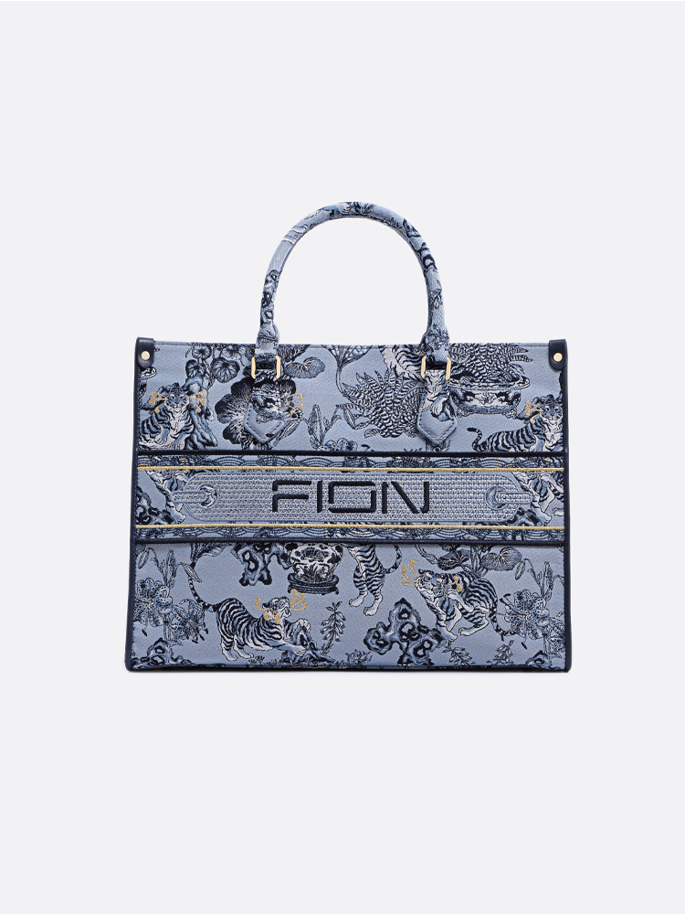 FION Jin Oil Painting Tiger Print Jacquard Tote with Strap (Large)