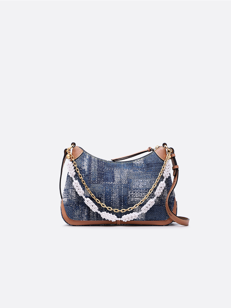 FION Jin Oil Painting Jacquard Women Denim Shoulder Bag On Strap with Dual Beads Chain