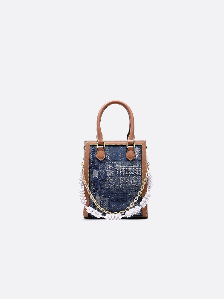 FION Jin Oil Painting Jacquard Shoulder Bag with Beads Chain